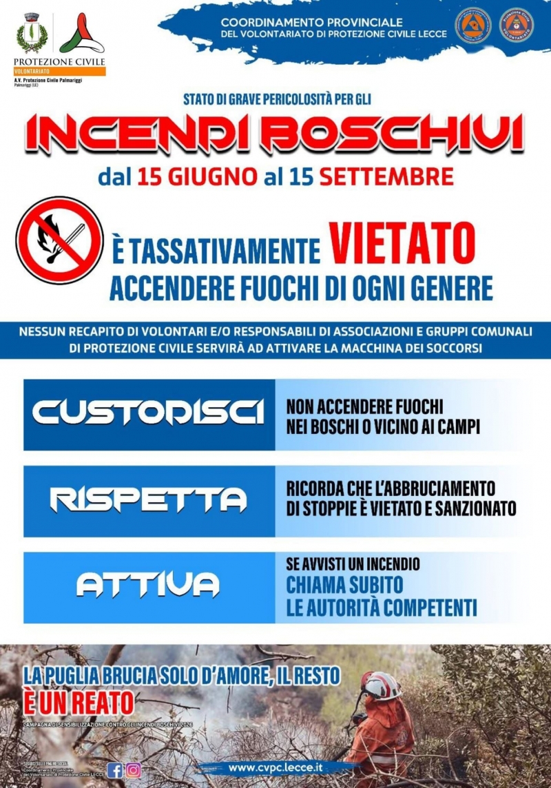 Ordinanza n. 08/2026 del 11.06.2026: Stato di grave pericolosit� per gli incendi per tutte le aree boscate, cespugliate, arborate e a pascolo del territorio comunale per il periodo dal 15 giugno al 15 settembre 2026
